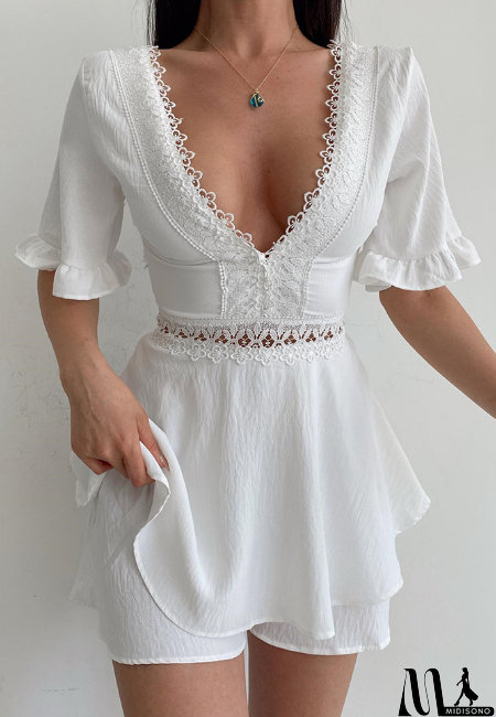 MidiSono - Casual White Deep V-Neck Lace Jumpsuit