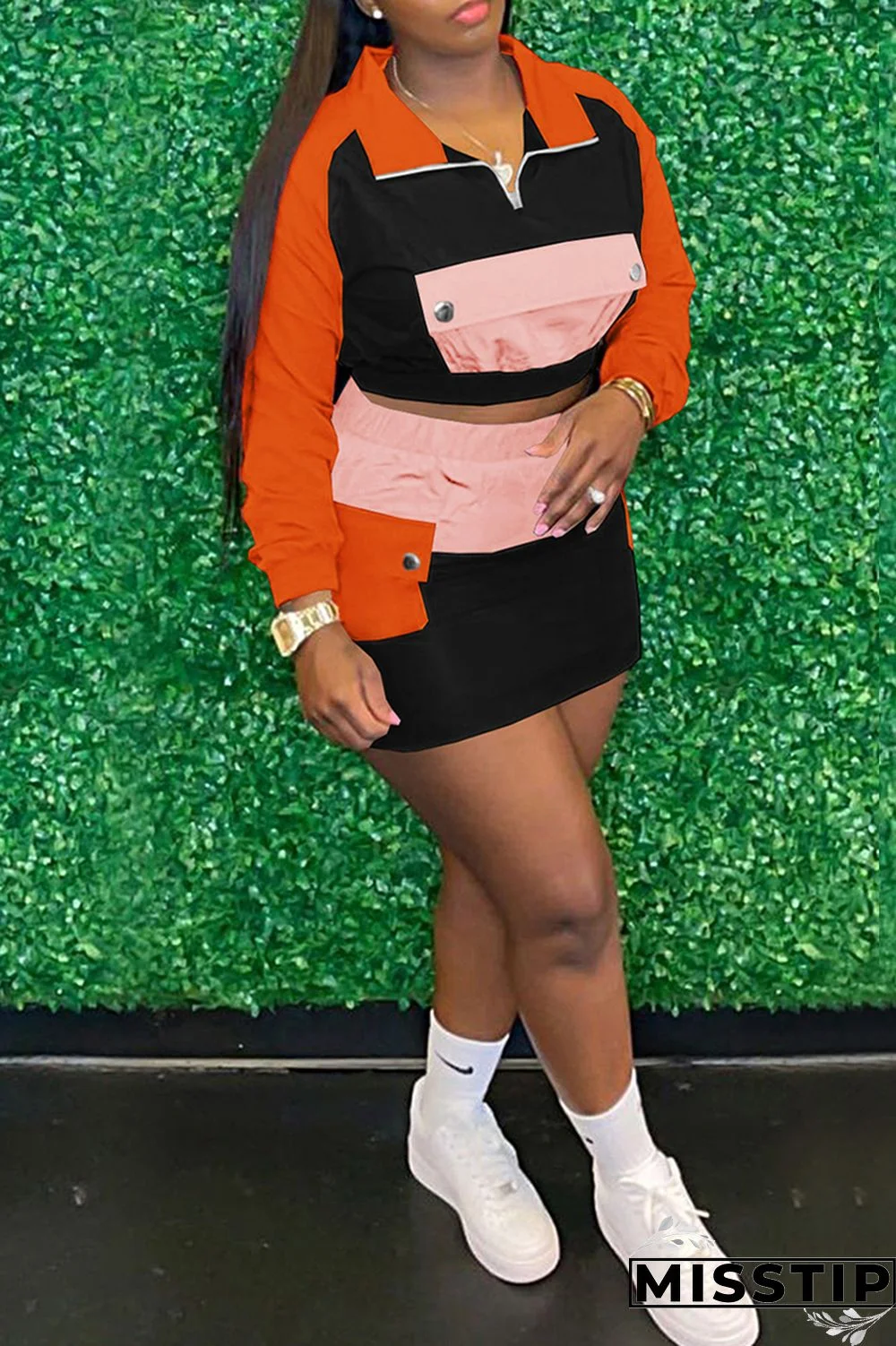 Cream White Fashion Casual Patchwork Basic Turndown Collar Long Sleeve Two Pieces