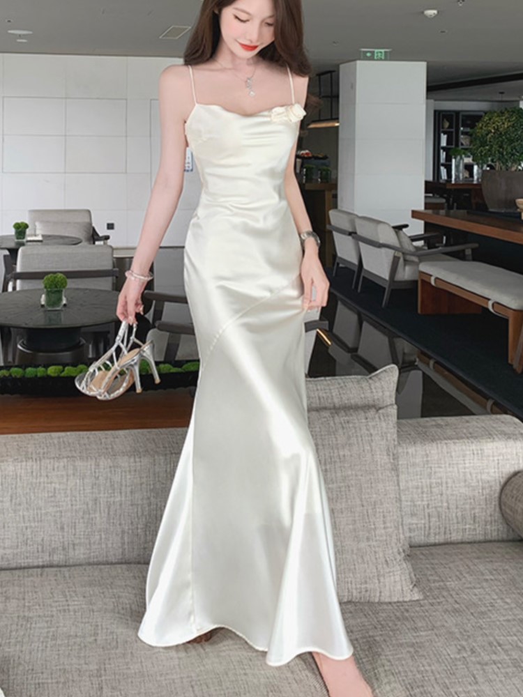 Alccn holiday dress 2024 Elegant Bodycon Satin Midi Dresses for Women Spaghetti Strap Summer New Slim Mermaid Evening Party Dress Prom Robe Vestido Mujer