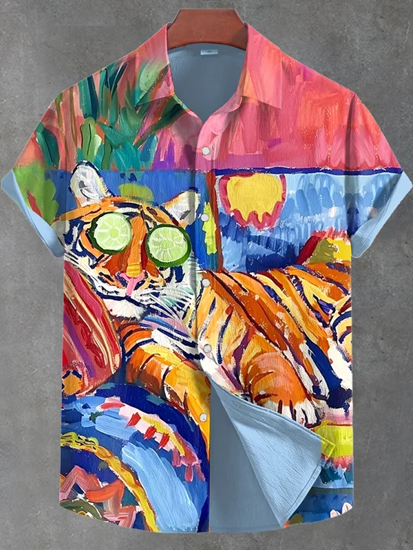 Men's Lazy Tiger Abstract Vacation Oil Painting Print Linen Blend Shirt