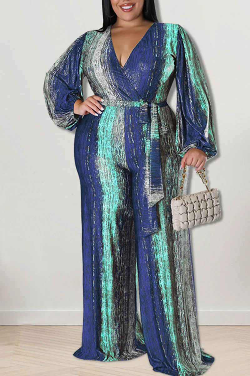 Deep Blue Casual Print Bandage Patchwork V Neck Plus Size Jumpsuits | EGEMISS