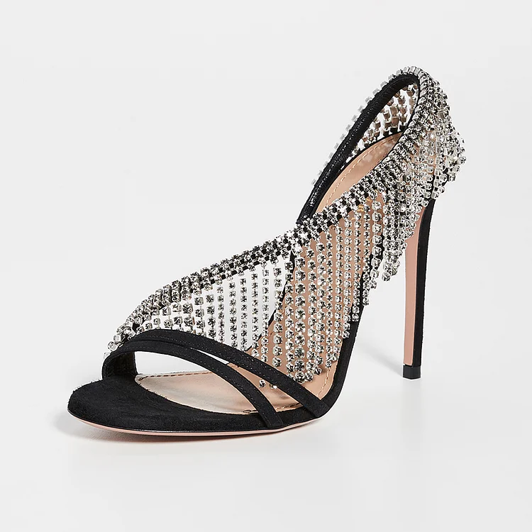 Black Suede Rhinestone heels Stiletto Heel Slingback Sandals |FSJ Shoes