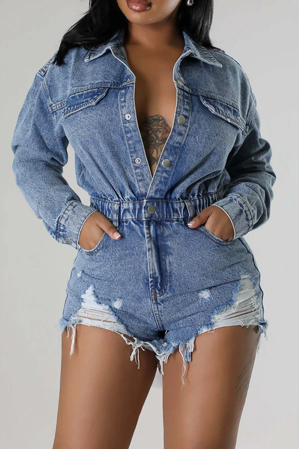 Ripped Washed Denim Simple Button Romper