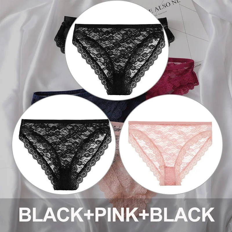 FINETOO 3PCS/Set Floral Lace Sexy Women Lingerie Panties M-2XL Plus Size Underpants Transparent Female Comfortable Briefs Girls
