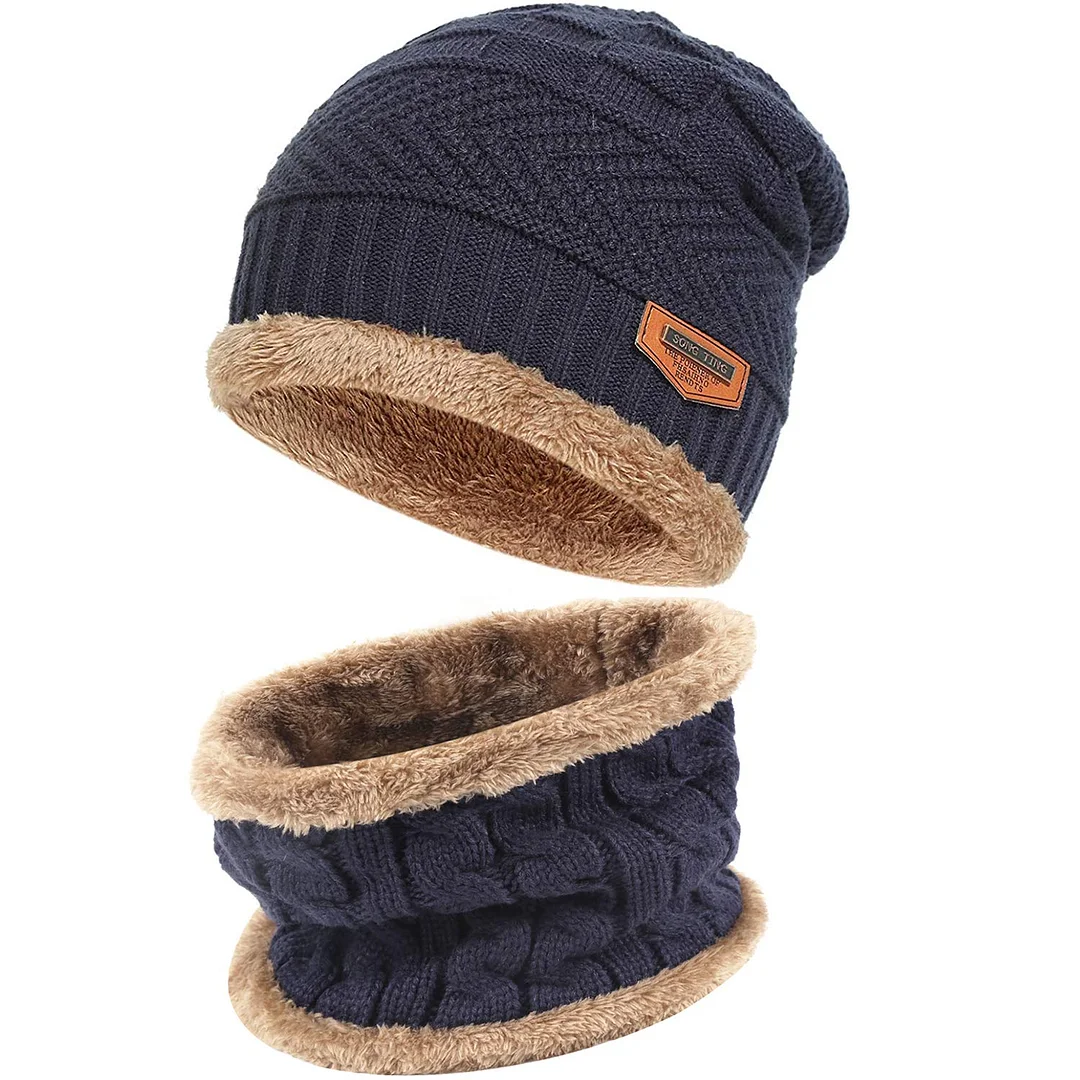 Mens Womens Winter Beanie Hat Scarf Set Warm Knit Hat Thick Fleece Lined Winter Cap-inspireuse