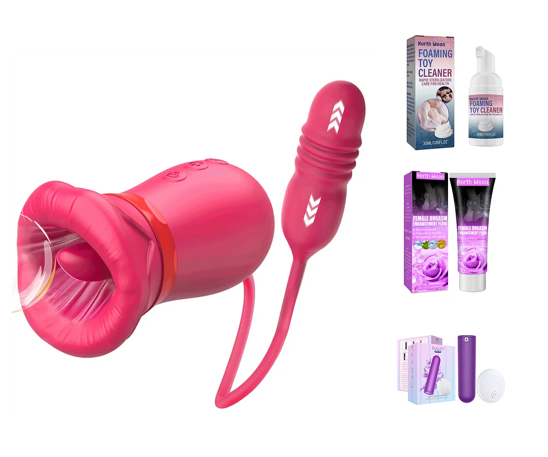 Rose Big Mouth Vibrator 5in1 Sucking Biting Tongue-swinging Clit Stimulator  With Thrusting Vibrator