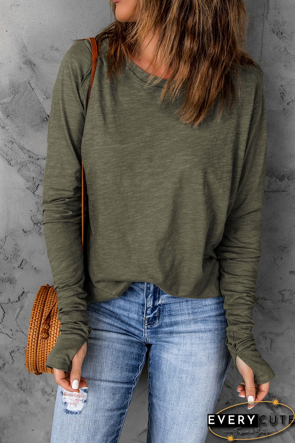 Green Solid Crew Neck Long Sleeve Long Sweatshirt