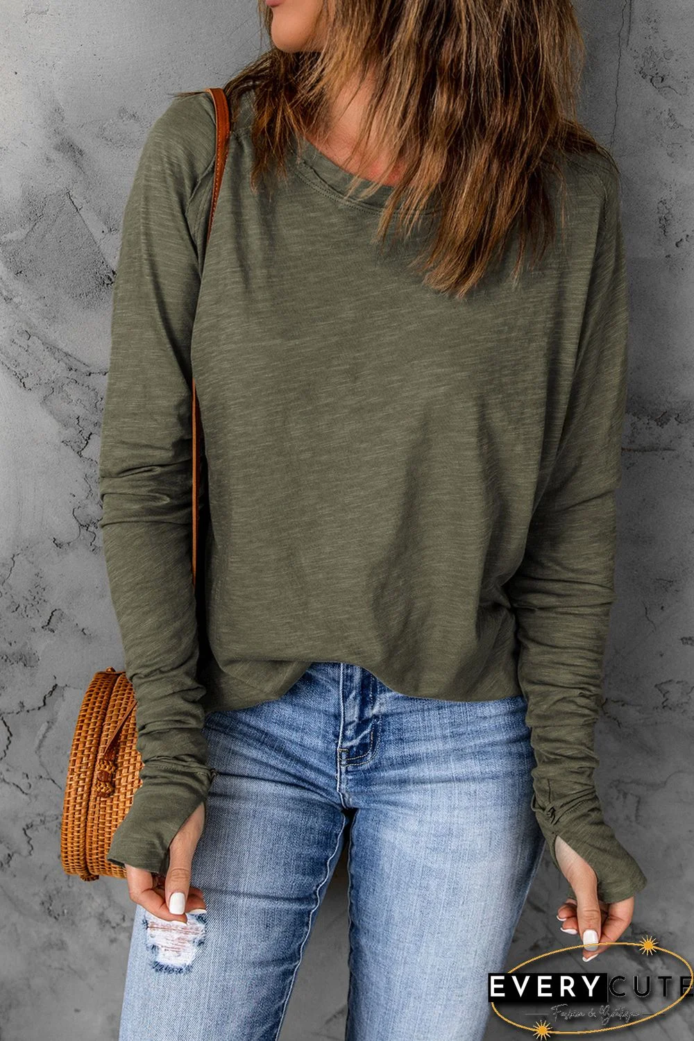 Green Solid Crew Neck Long Sleeve Long Sweatshirt