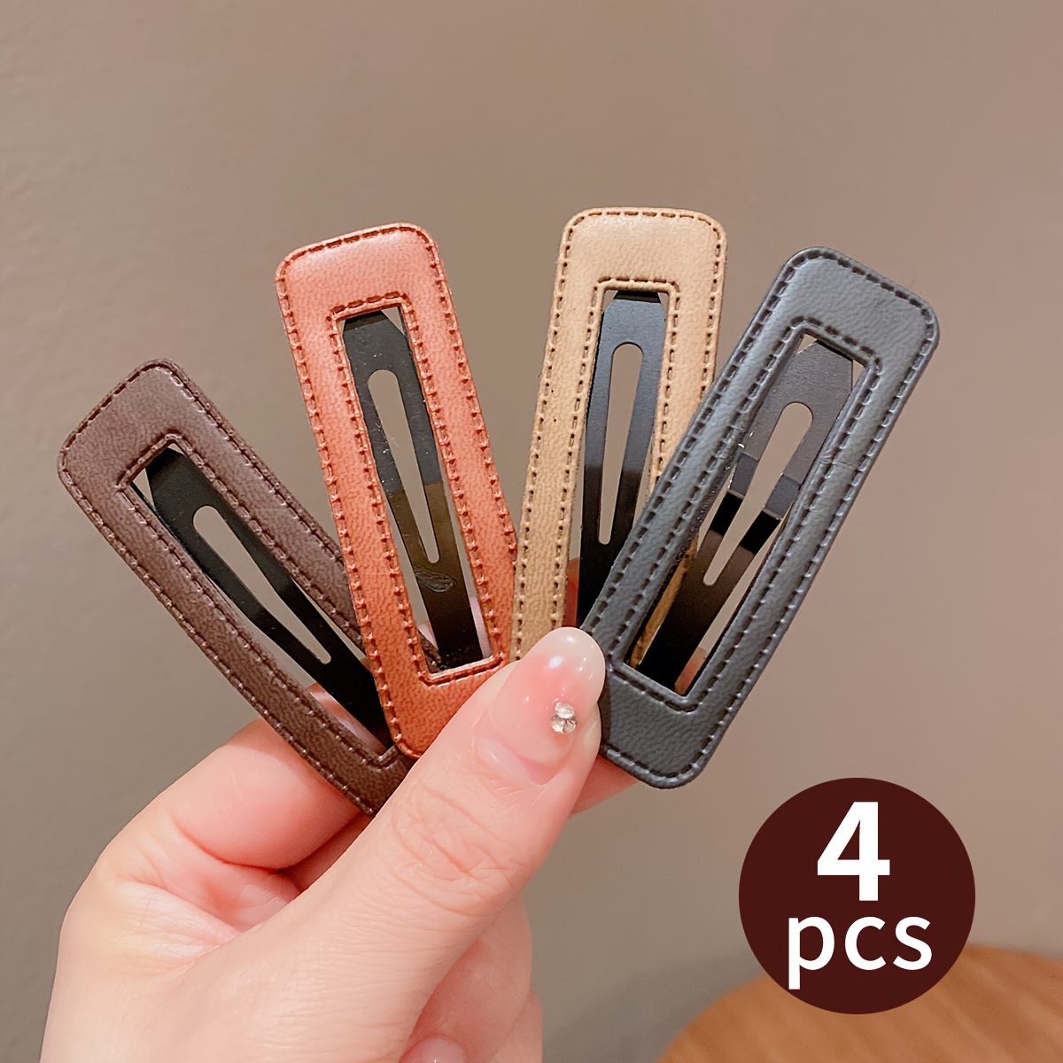 4pcs Elegant Square PU Leather Hair Clips - Barrettes for Women's Side Bangs - Vintage Style Hairpins in Assorted Colors with Durable Design and Easy to Use