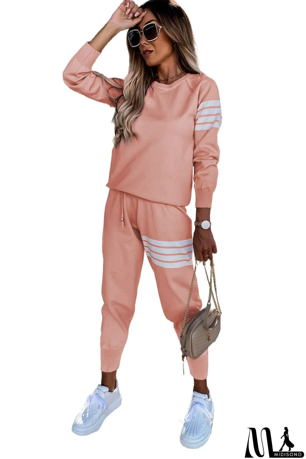 MidiSono - Striped Long Sleeve Top and Sweatpants Set