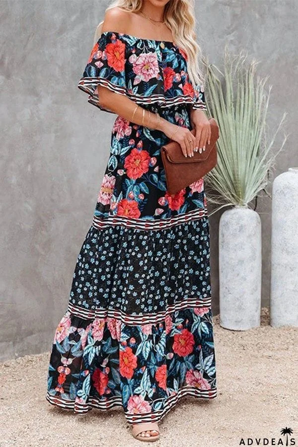 Ruffle Off Shoulder Tie Waist Printed Maxi Dress