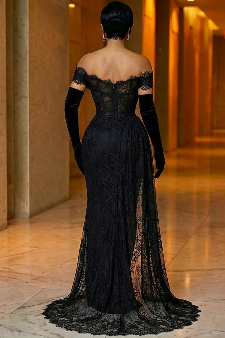 Off Shoulder Ruched High Slit Lace Train Party Maxi Dresses-Black