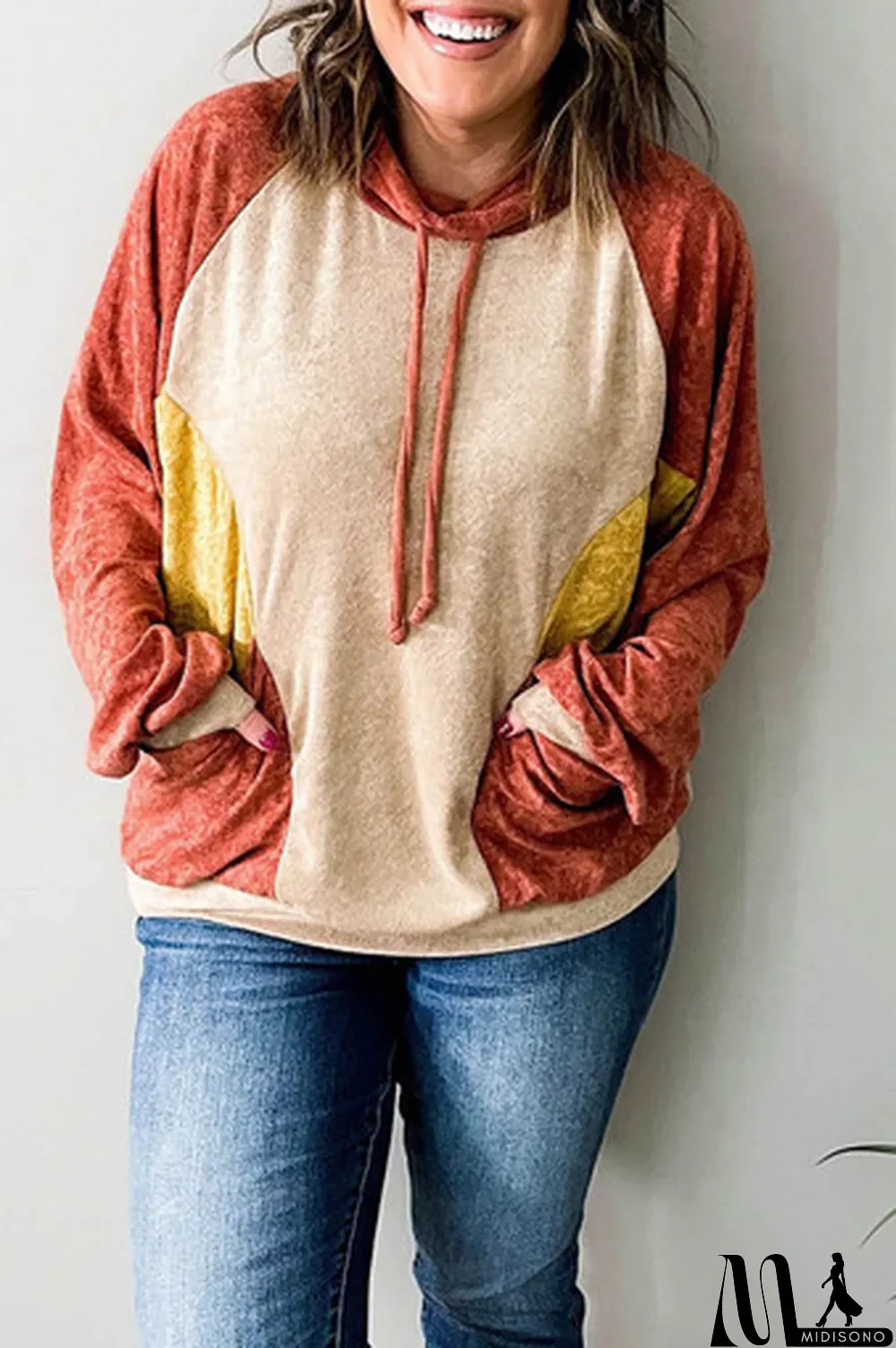MidiSono - Orange Plus Size Colorblock Raglan Hoodie with Pockets