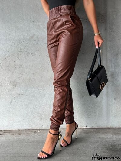 Smocked High Waist Pants with Pockets