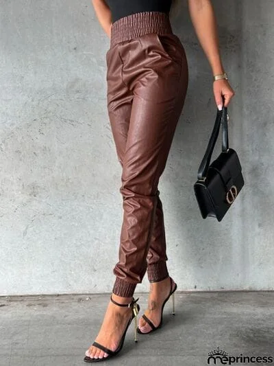 Smocked High Waist Pants with Pockets