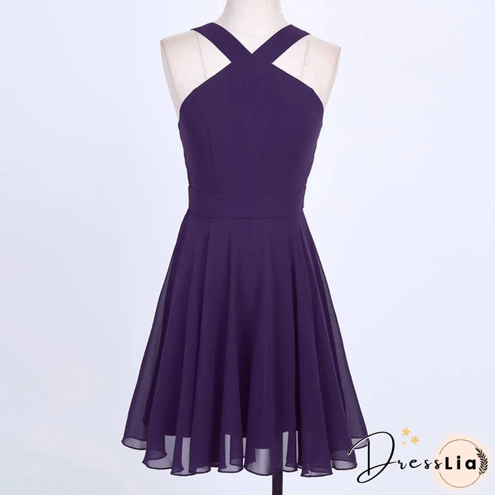 Women Ladies Chiffon Criss-cross Shoulder Straps Bridesmaid Short Dress Evening Prom Gown