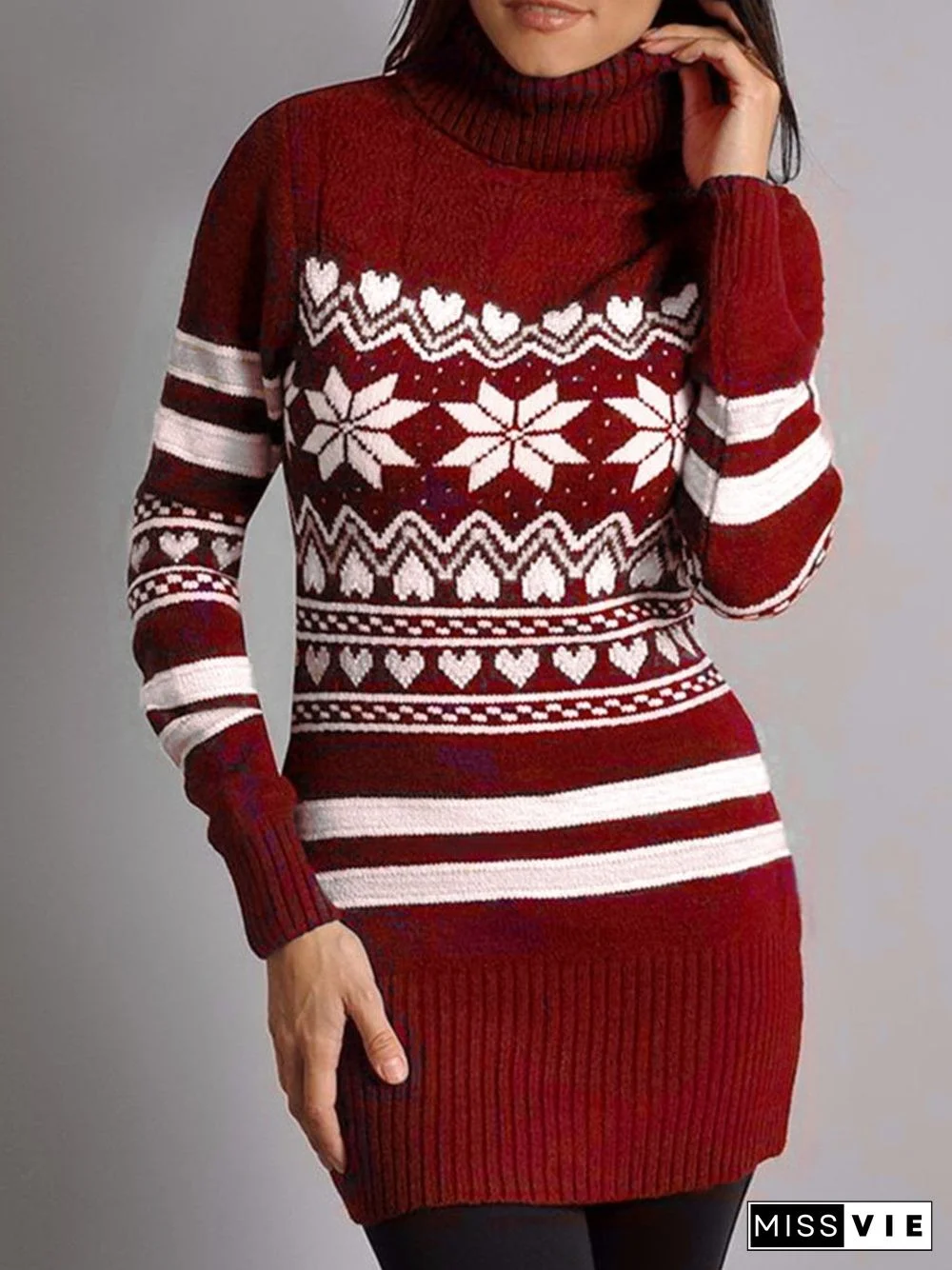 Slinky High Collar Pattern Sweater Top
