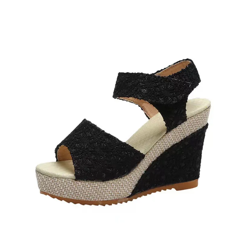 Breakj Breakj Summer New Slope And Fish Mouth Sandals Women's Casual Loose Cake Thick-Sed High-Heeled Magic Sticker Women's Shoes