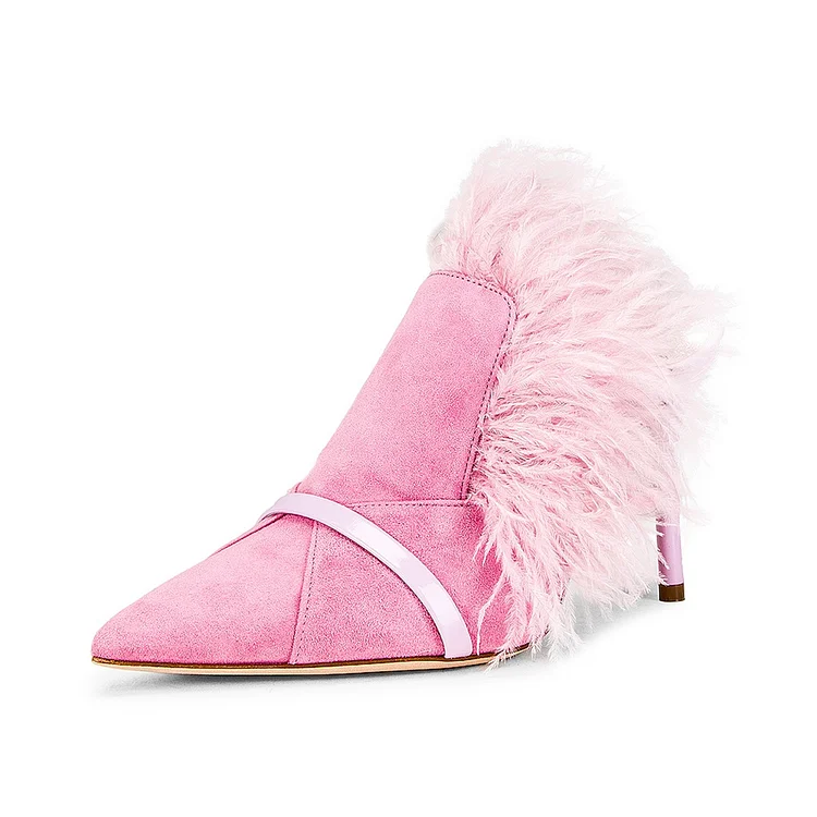 Pink Vegan Suede Pointed Toe Faux Feather Mule Heels |FSJ Shoes