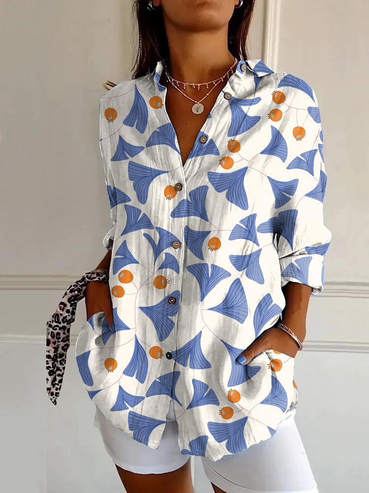 Japanese Ginkgo Leaf Pattern Printed Casual Long Sleeve Shirt