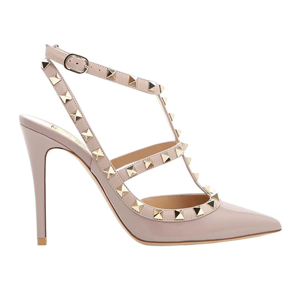 100mm High Heels Rivets Sandals PU Apricot-vocosishoes