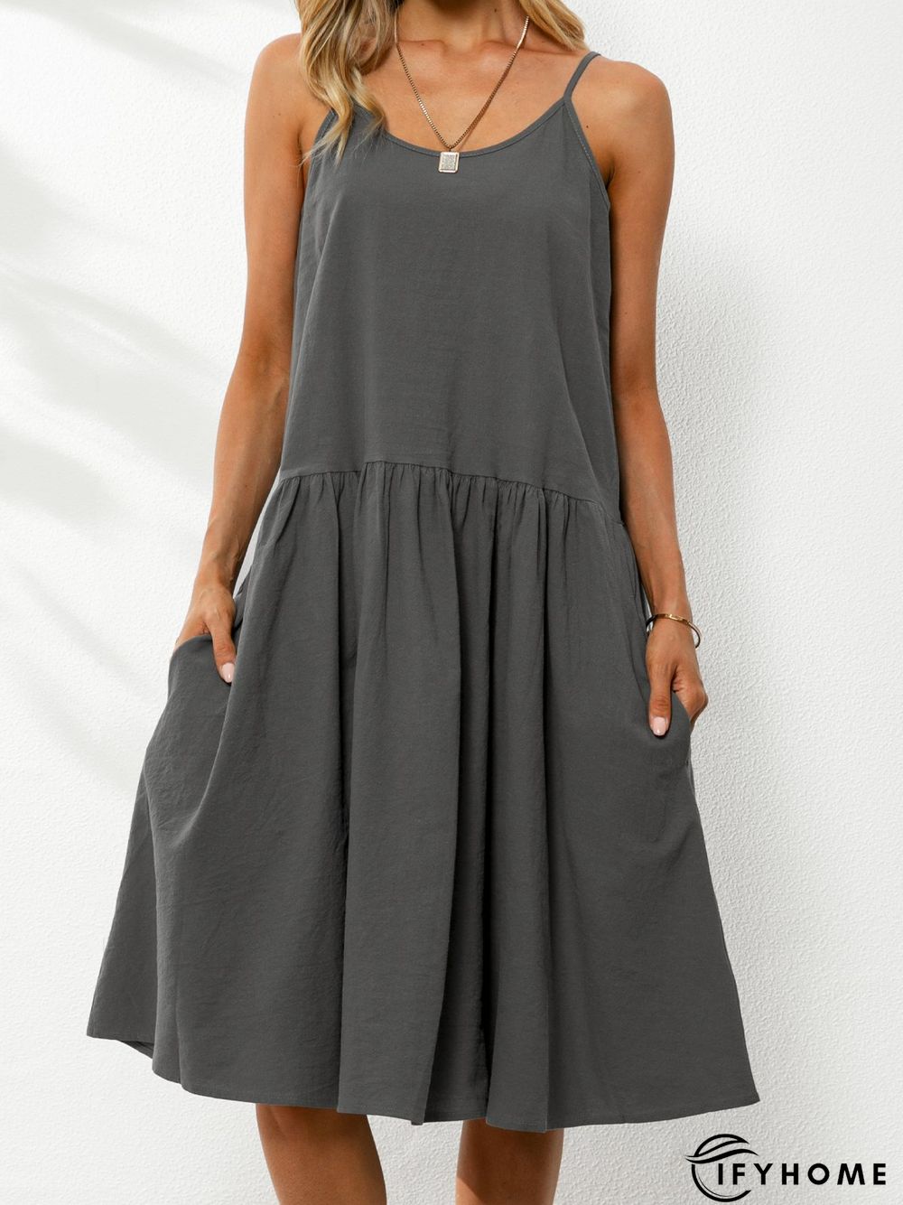 U-Neck Cotton-Blend Sleeveless Solid Weaving Dress | IFYHOME