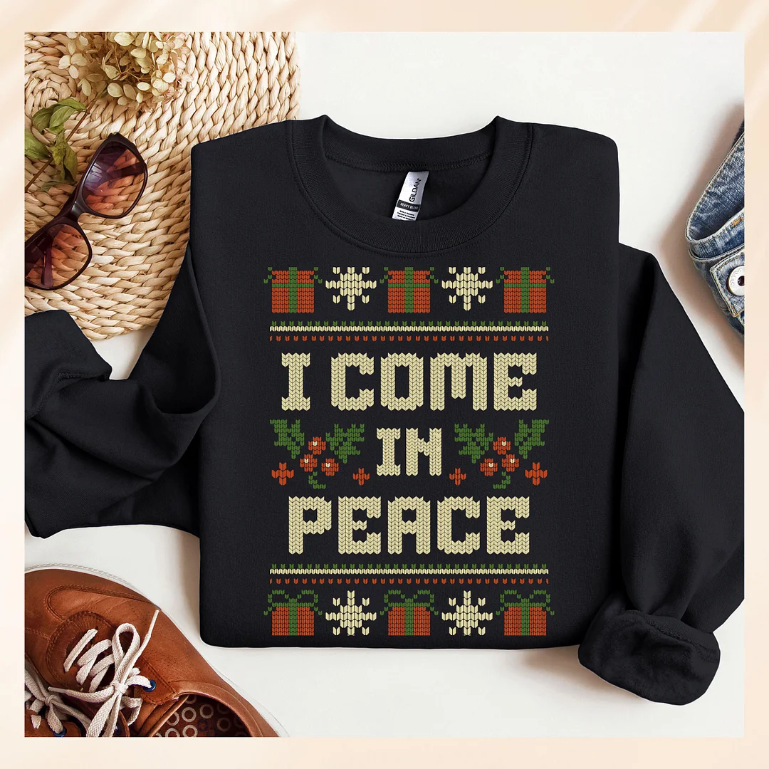 Funny Matching Couples Christmas Sweatshirt Set– 'I Come In Peace ' & 'Peace'