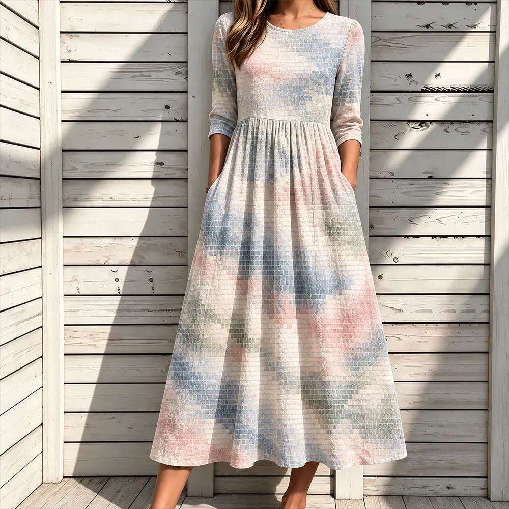 Comstylish Women's Pastel Grid And Abstract Pattern Maxi Dress With Pockets
