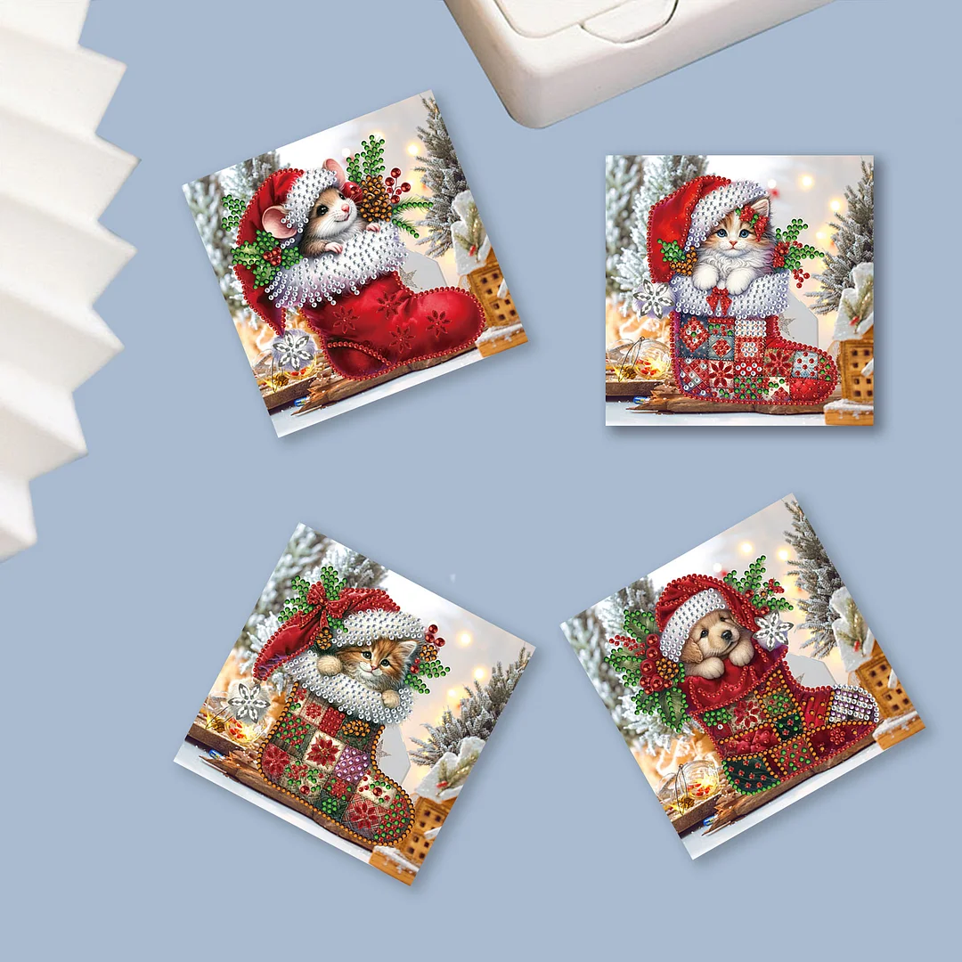 6pcs DIY Christmas Sock Animal DIY Diamond Painting Greeting Card for Friends Family Gift【With White Envelope】