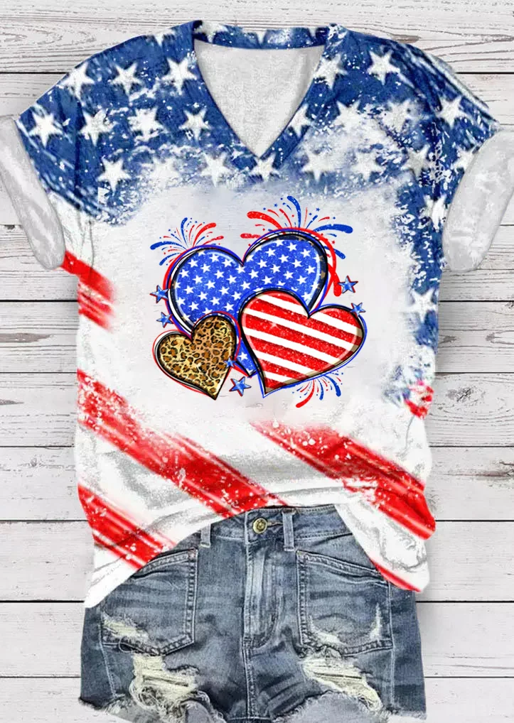 Women's Heart Print 4th Of July V Neck T-Shirt socialshop