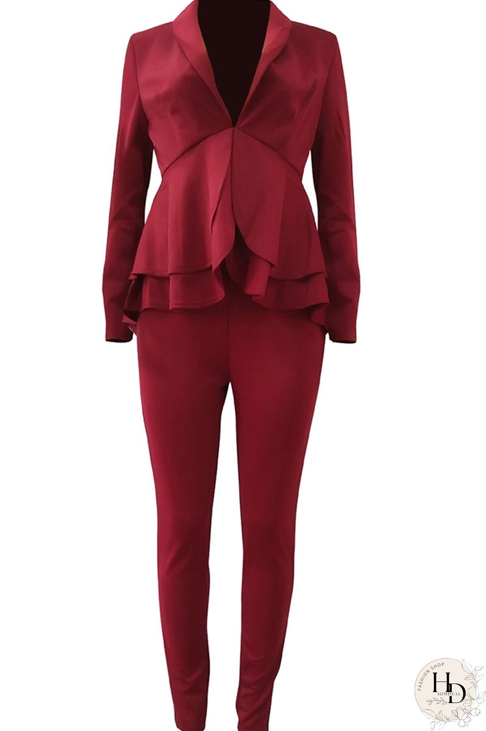 Black Casual Two Piece Suits Patchwork ruffle Solid pencil Long Sleeve