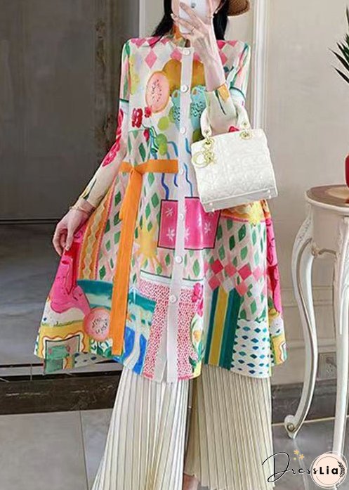 Loose Colorblock Button Print Cotton Shirts Dresses Long Sleeve