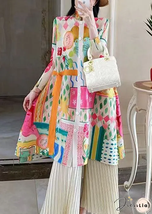 Loose Colorblock Button Print Cotton Shirts Dresses Long Sleeve