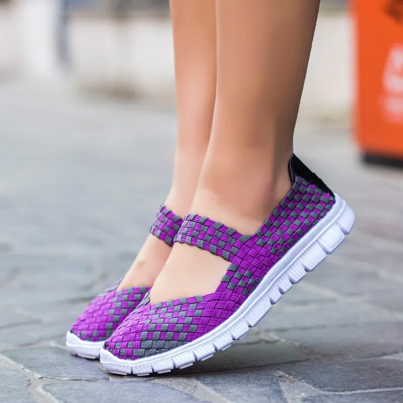 WHNB Women's Loafers Casual Shoes 2021 Spring Comfortable Sneakers Woven Breathable Flat Shoes Outdoor Hook&Loop Slip