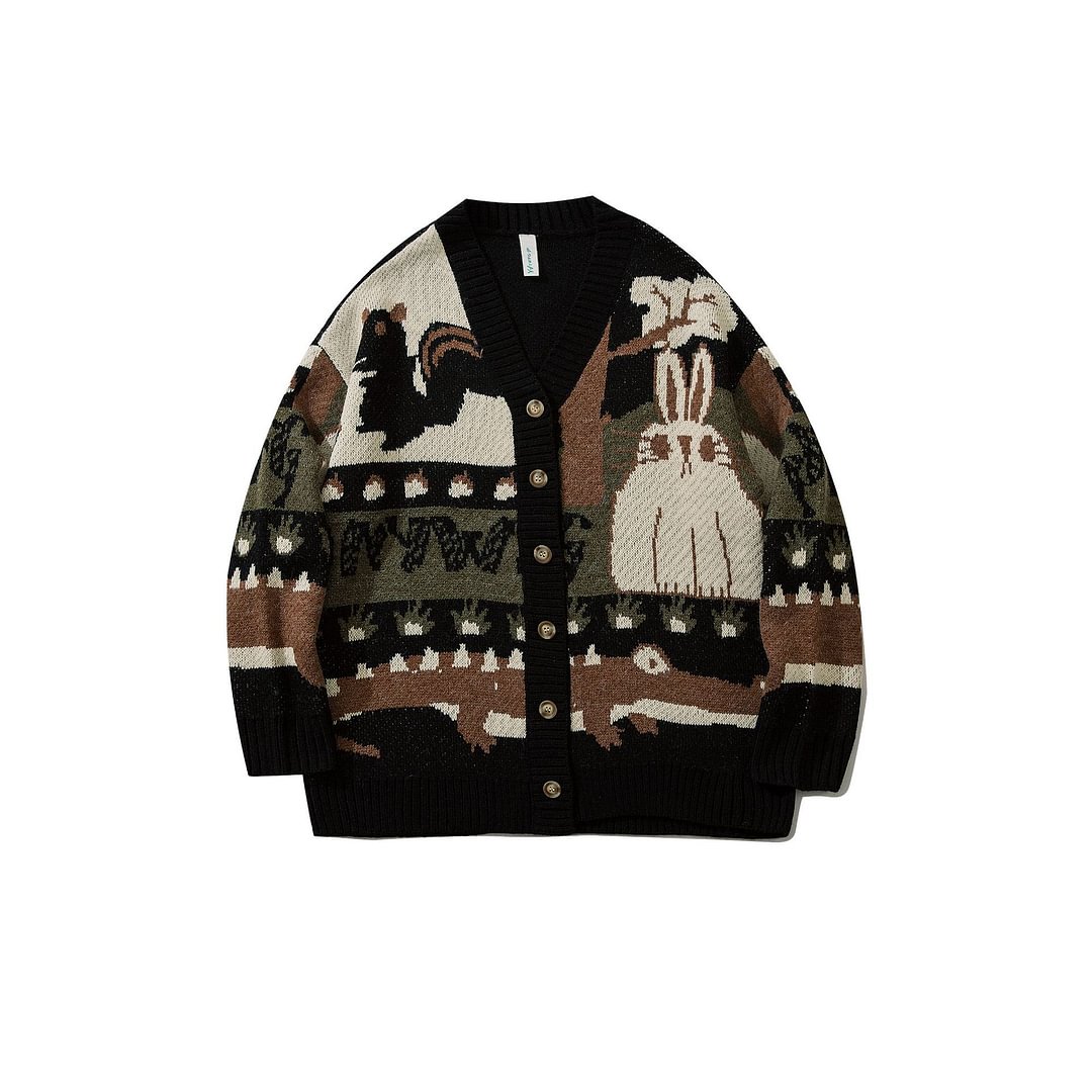 Retro cartoon jacquard cardigan sweater male