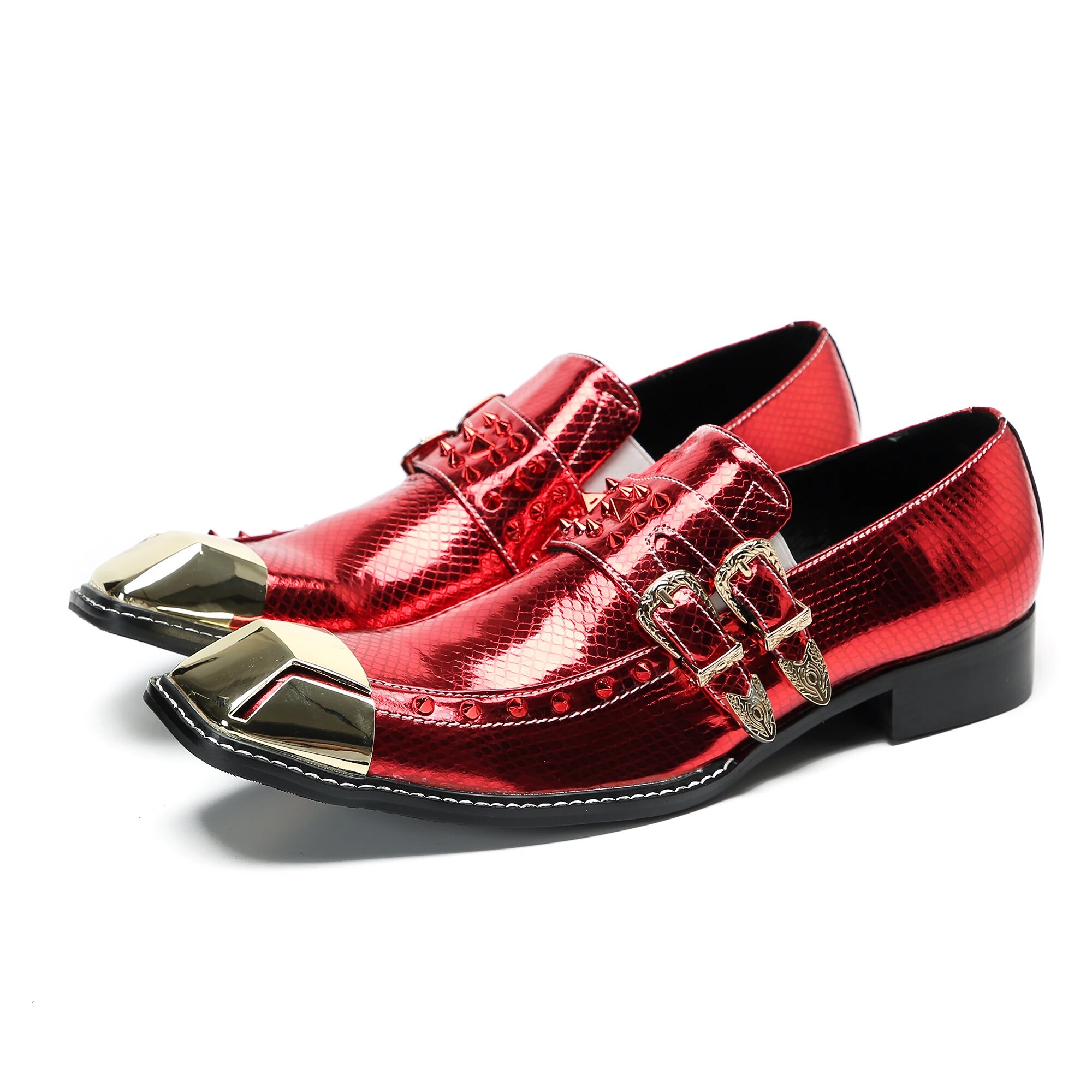 VCSHOES Red Rivets Square Toe Formal Business Shoes Large Size Male Evening Club Party Shoes Patent Leather Men Dress Shoes
