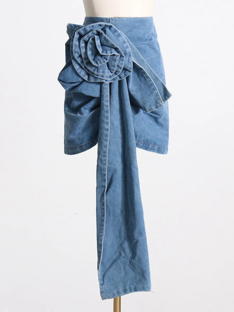 Toloer Toloer Spring New Stereo Rose Decorative Design Sense High Waist Show Thin Denim Skirt Women's A Word Wrap Hip Skirt-Outfit Ideas