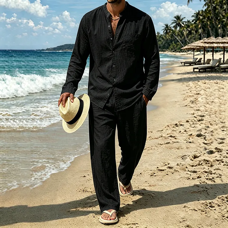 Leisure Solid Color Cotton Linen Pocket Shirt And Pants Two Piece Set
