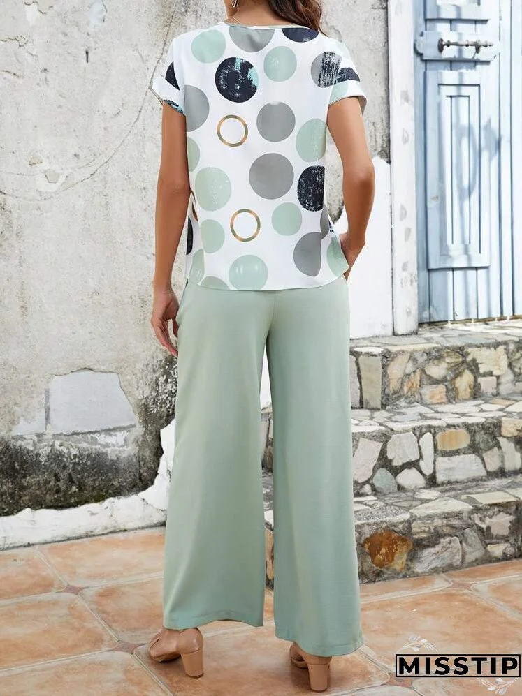 Polka Dot Print Short Sleeve Top And Slanted Pocket Trousers Two Piece Set