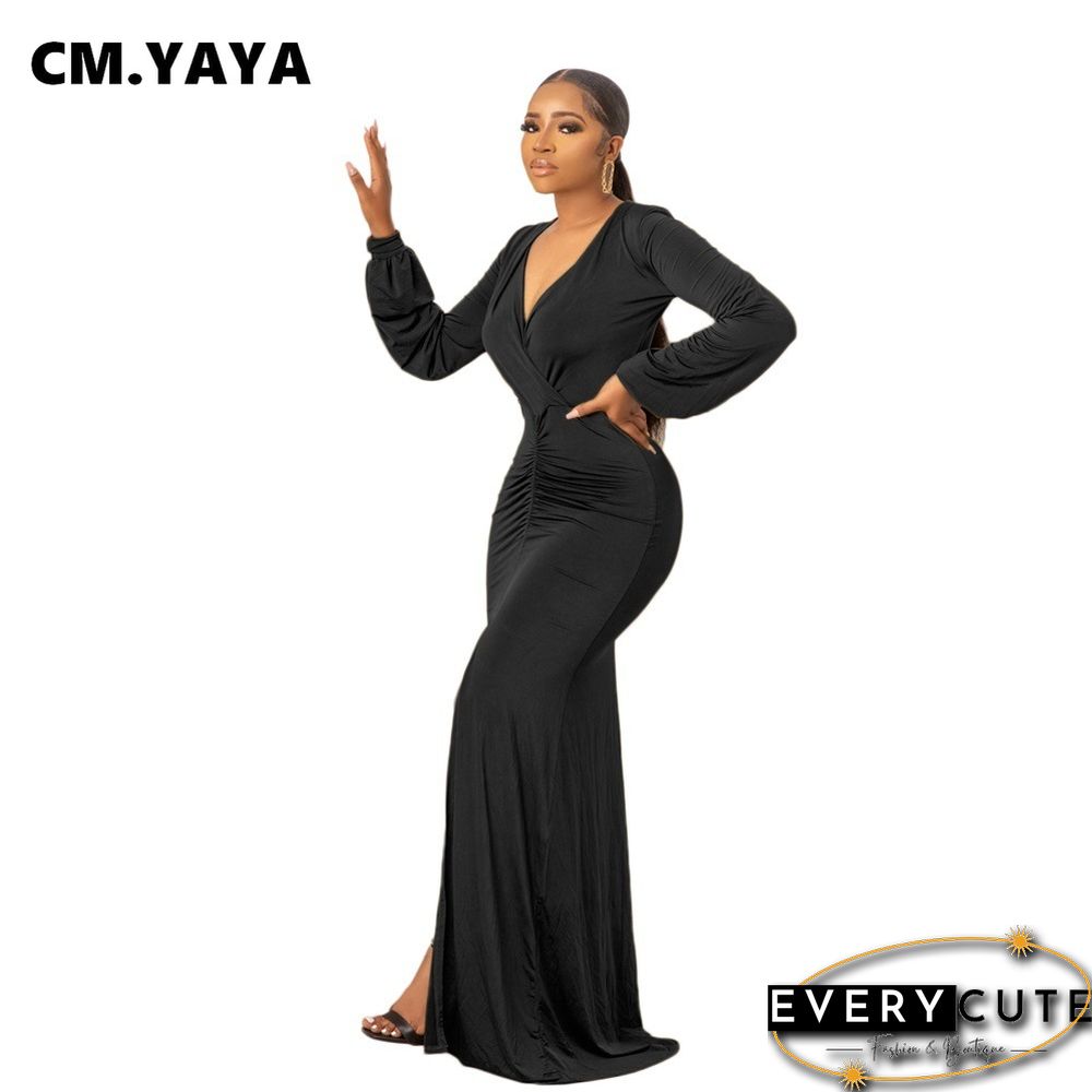 CM.YAYA Women Long Dress Solid Full Sleeve V-neck Strechy Maxi Floor Length Dresses Fashion Vintage Party Vestidos Summer Outfit