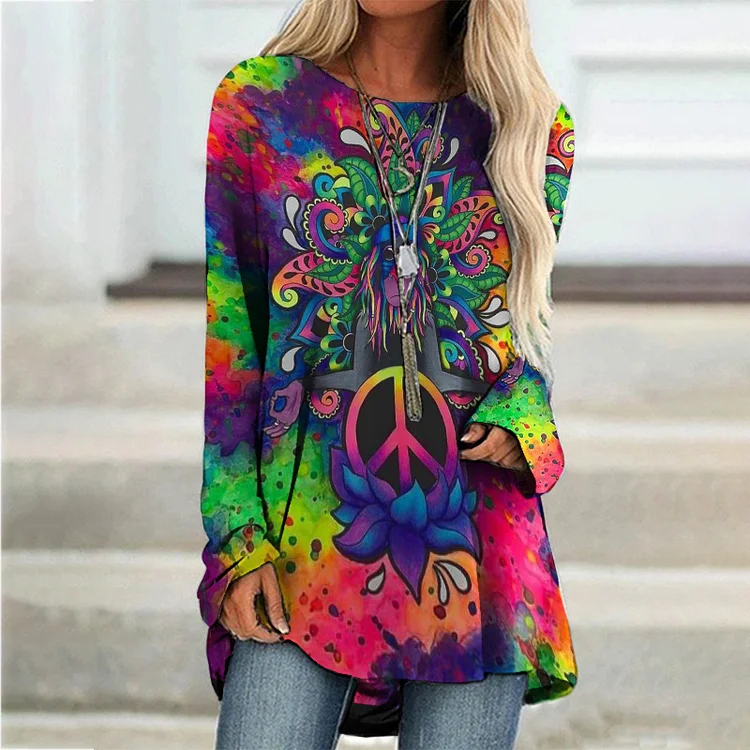Vefave Vefave Vefave Crew Neck Hippie Tie Dye Print Long Sleeve Tunic