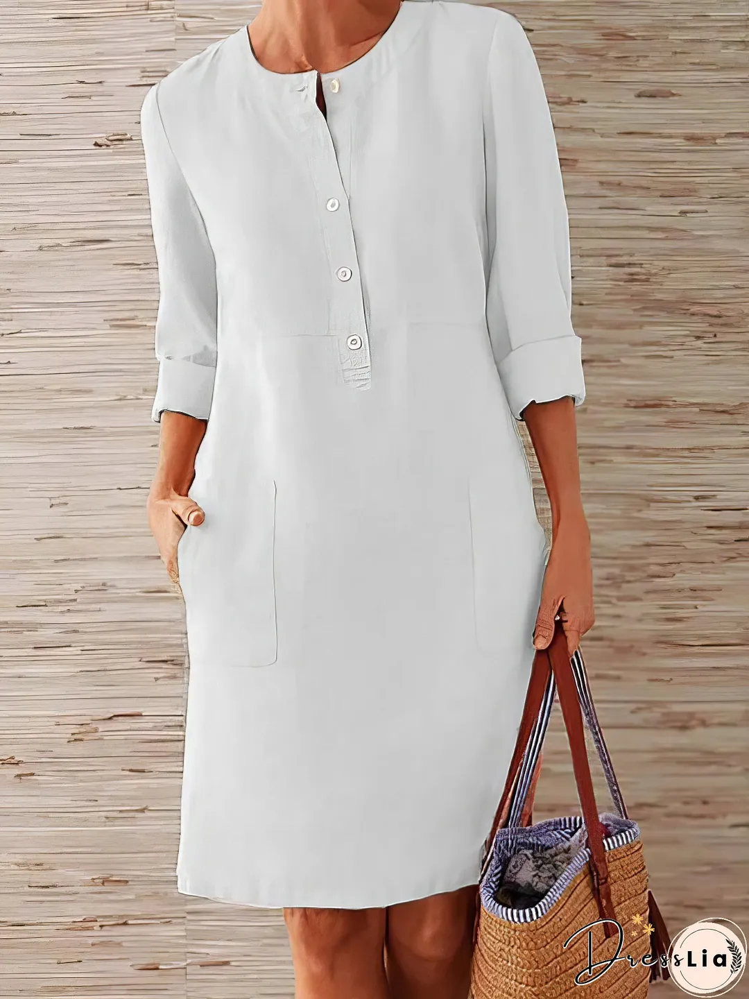 Cotton Linen Temperament Round Neck Long Sleeve Mini Dress