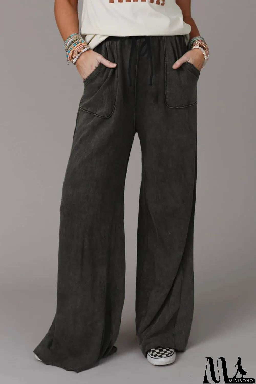 MidiSono - Gray Mineral Washed Drawstring Retro Wide Leg Pants