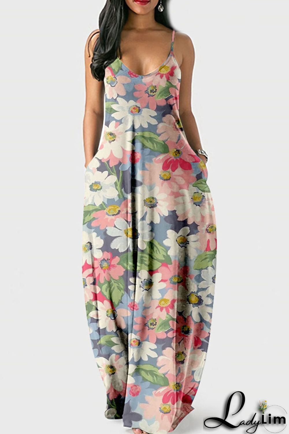 Blue Casual Sweet Print Patchwork Spaghetti Strap Sling Dress Dresses