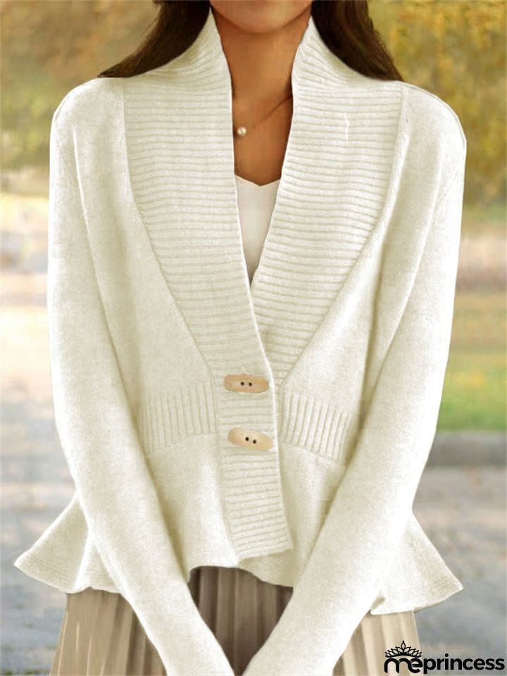 French Style V Neck Ruffled Hem Sweater for Lady