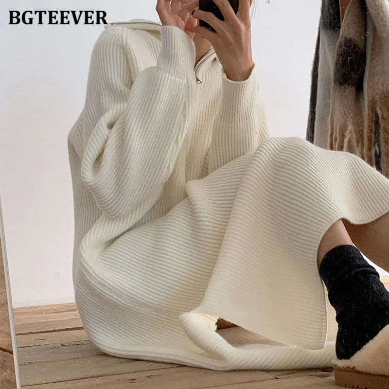 BGTEEVER Casual Thicken Turtleneck Zippers Women Knitted Dress 2021 Autumn Winter Long Sleeve Side Split Female Sweater Dress