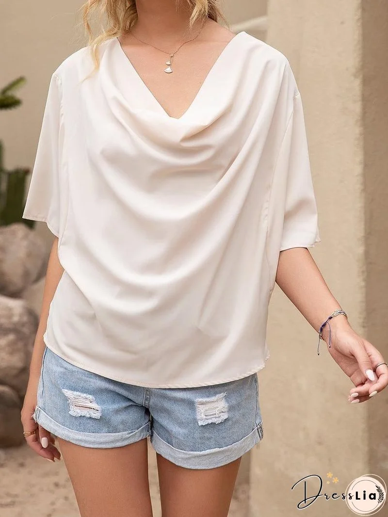 Pleated Drape Solid Color V-neck Short Sleeve Loose Blouses