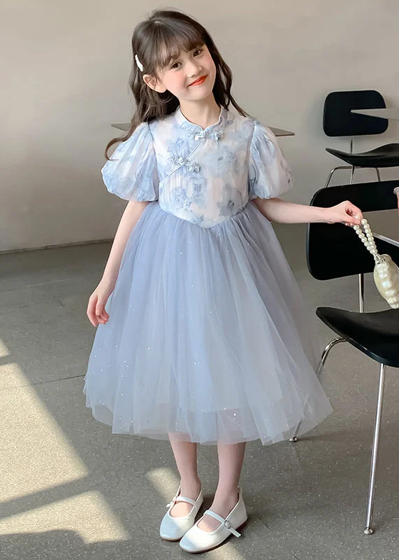 Elegant Blue Stand Collar Print Tulle Patchwork Girls Dress Summer
