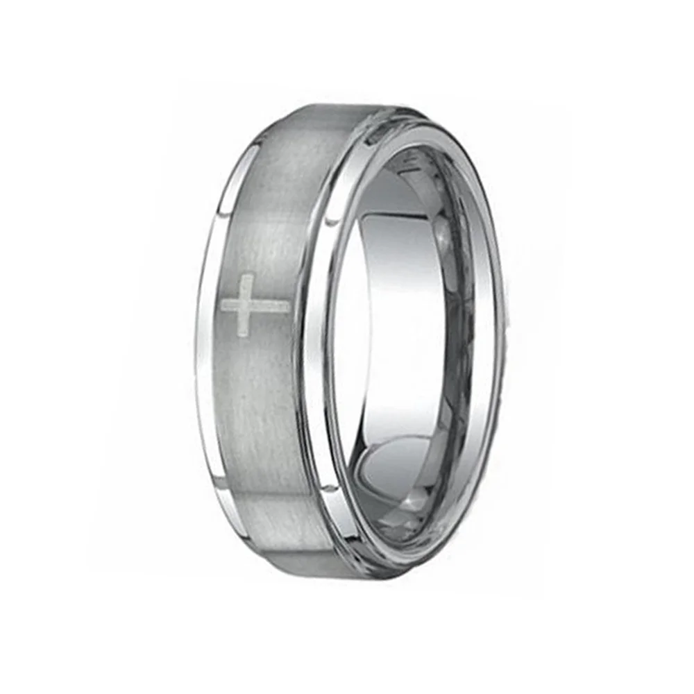 4MM 6MM 8MM 10MM Mens Silver Tungsten Carbide Center Brushed Cross Laser Wedding Bands