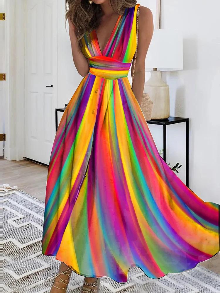 Women's Rainbow Stripe Print Flowy Dress